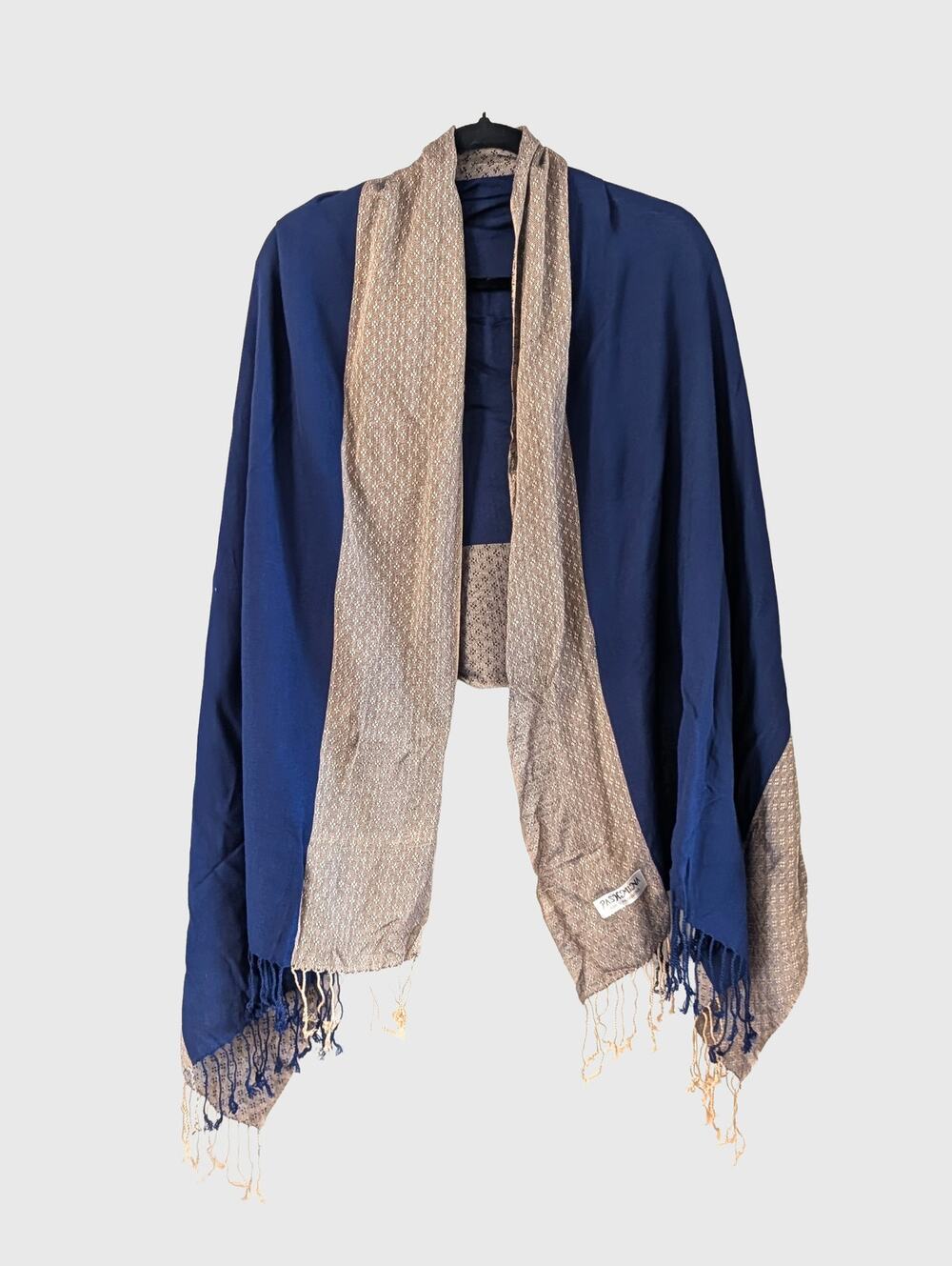 100% Pashmina Shawl Wrap Cobalt Blue Cream Woven Reversible Fringe 72 x 30